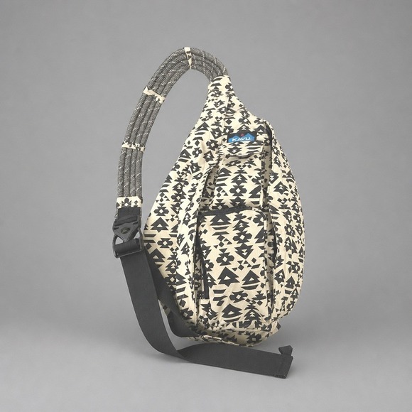 Kavu Handbags - KAVU Rope Bag Sling Backpack Cream Black Geometric Tribal Print Canvas OS